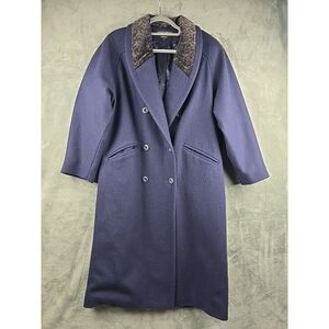 DonnyBrook Wool Dress Coat Womens 14P Blue Made In Ukraine Faux Fur Collar‎ Long